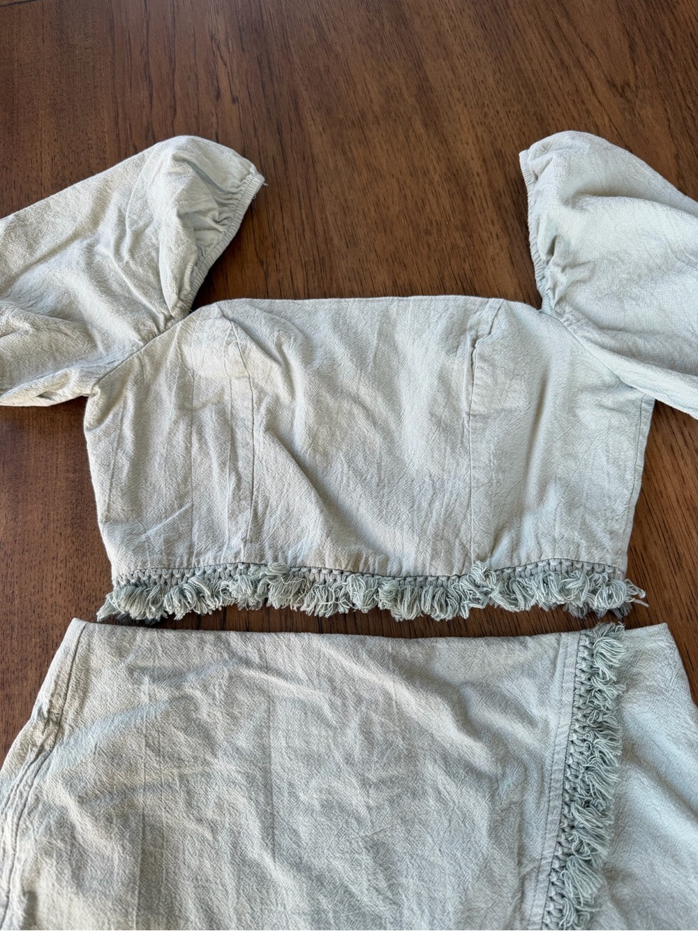 Blue Blush Two-Piece Fringe Trim Crop Top & Skort Set — Light Sage - Picture 4 of 8
